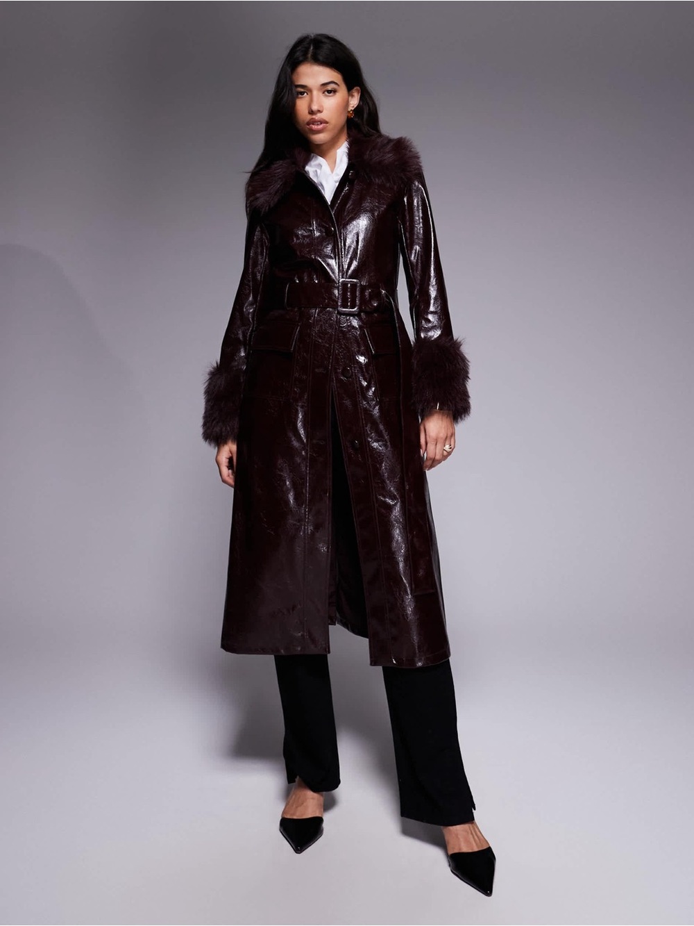 NWT River Island Studio Faux Fur Trim Leather Trench Matrix Coat Dark Red, Sz 2